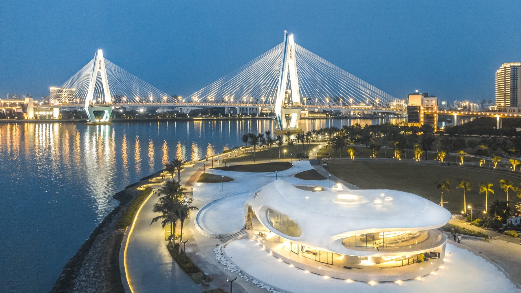 海口世纪大桥与云洞图书馆夜景